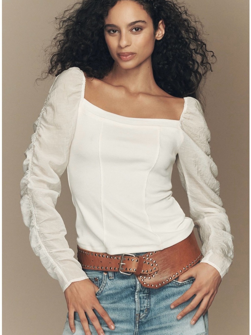 By Anthropologie Square-Neck Puff Sleeve Long Sleeve Top